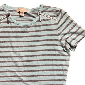 Michael Kors Striped Tee Top Zipper Detail Aqua Gray Womens Small